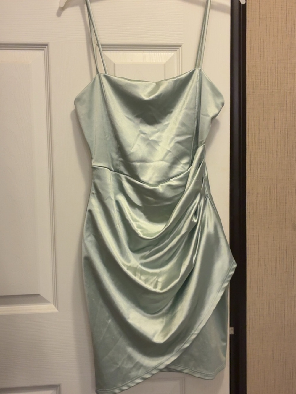 Satin Draped Mini Dress in Mint Green with Spaghetti Straps